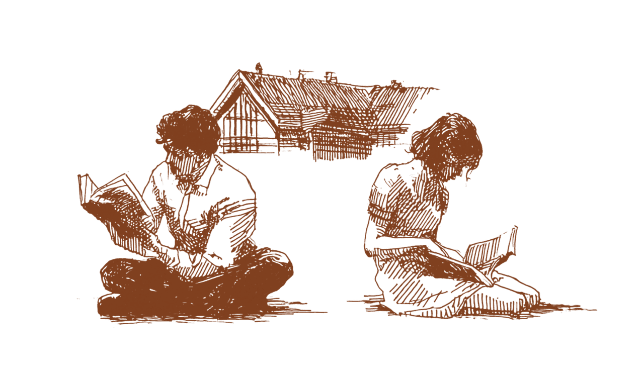 Two people sitting cross-legged on the ground, each reading a book, with a barn behind them.