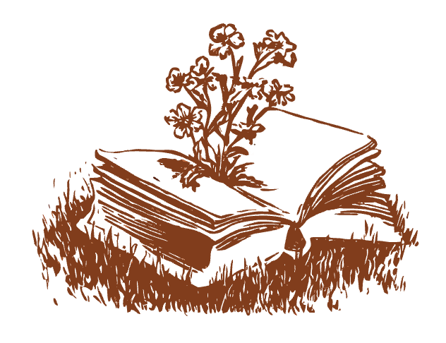 An open book sprouting wildflowers, nestled in grass.
